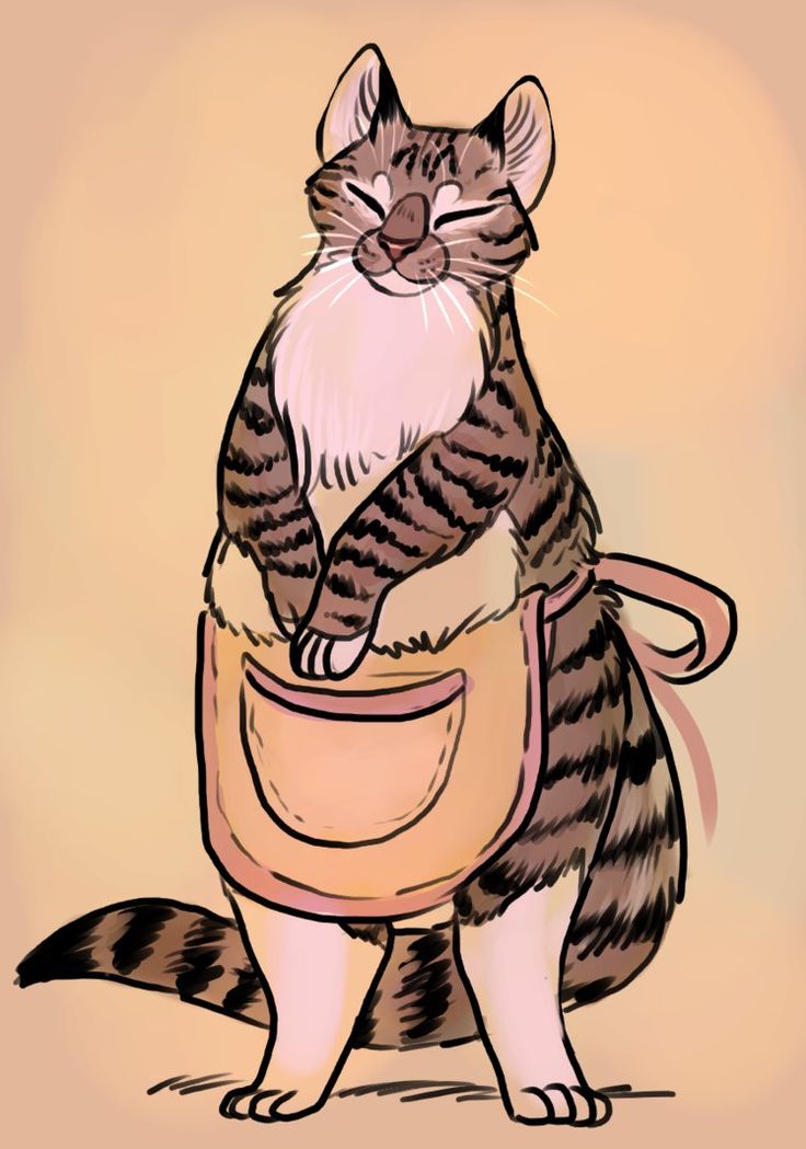 a drawing of a cat sitting on top of a pot with an apron around it's waist