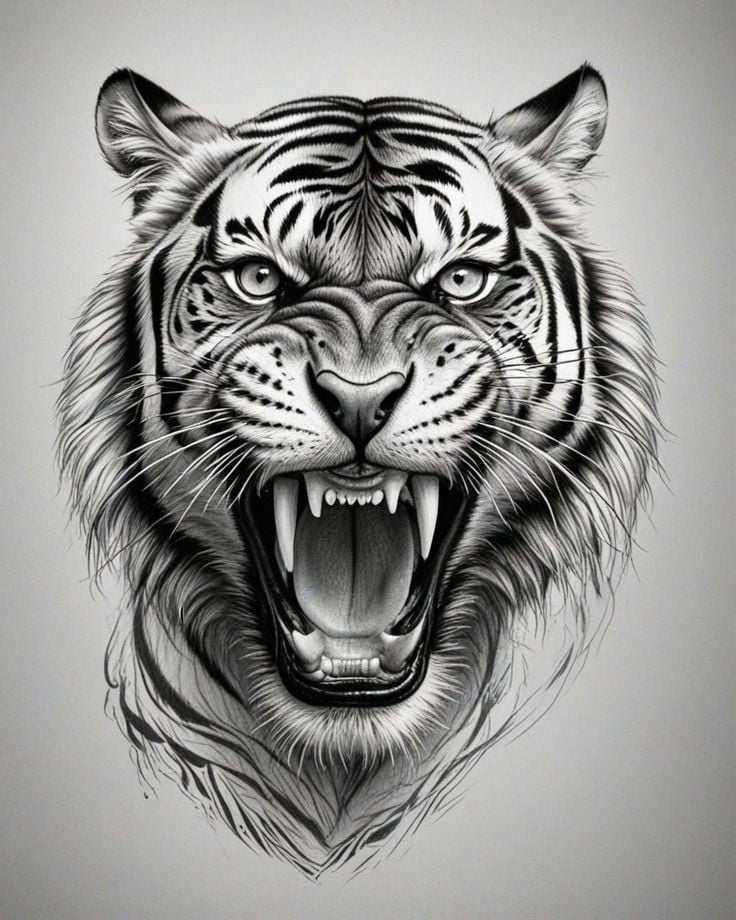 a drawing of a tiger's face with its mouth open and it's teeth showing