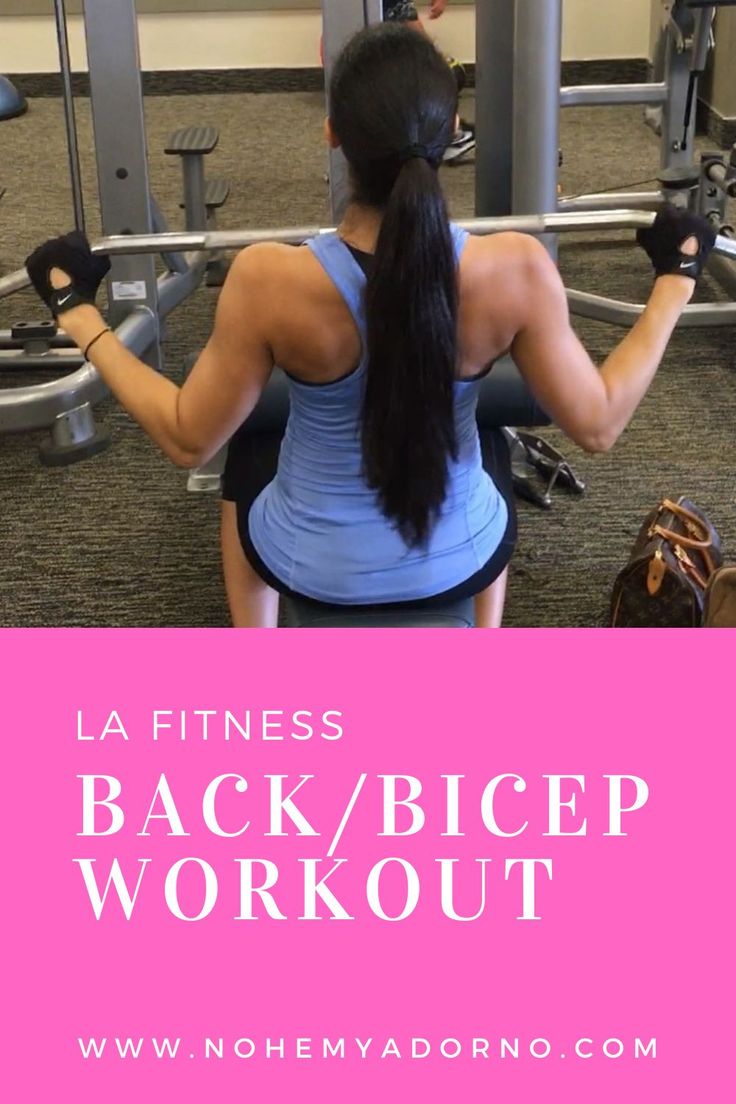 a woman sitting in front of a gym machine with the words la fitness back / bicep workout