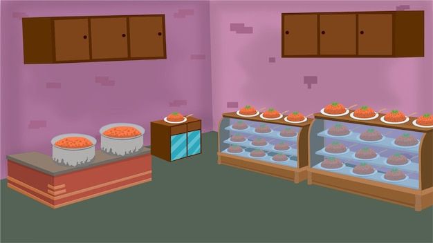 an animated image of a bakery with cakes and pies in the display case,