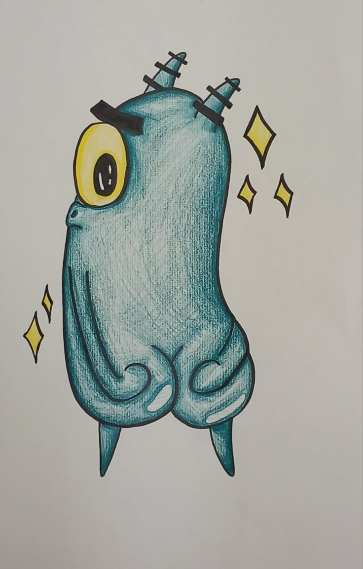 a drawing of a blue monster with yellow eyes