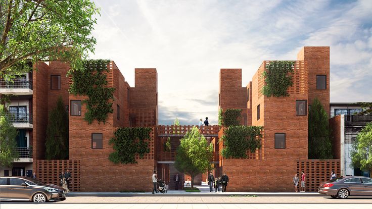 an artist's rendering of a brick building with plants growing on the side and cars parked in front