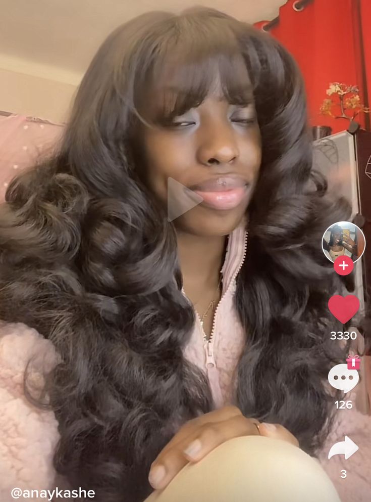 Big Fluffy Curls Black Women, Curly Wigs With Bangs For Black Women, Diva Curls Hairstyles, Body Wave With Bangs Black Women, Big Poofy Curly Hair, Curly Weave Hairstyles With Bangs, 70s Curls Black Women, Fluffy Wigs For Black Women, Bombshell Hair With Bangs