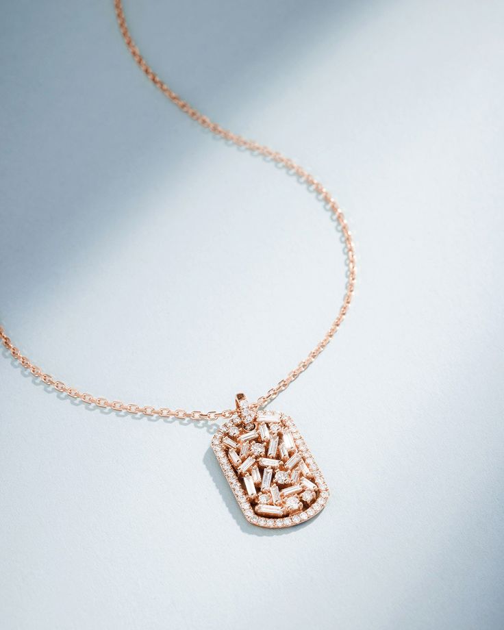 Suzanne Kalan Classic Diamond Medium Dog Tag Pendant in 18k rose gold Rose Gold Diamond Necklace With Baguette Diamonds, Luxury Rose Gold Diamond Necklace With Baguette Diamonds, Dog Tag Pendant, Medium Dog, Medium Dogs, Dog Tag, White Diamonds, Gold Rose, Diamond White