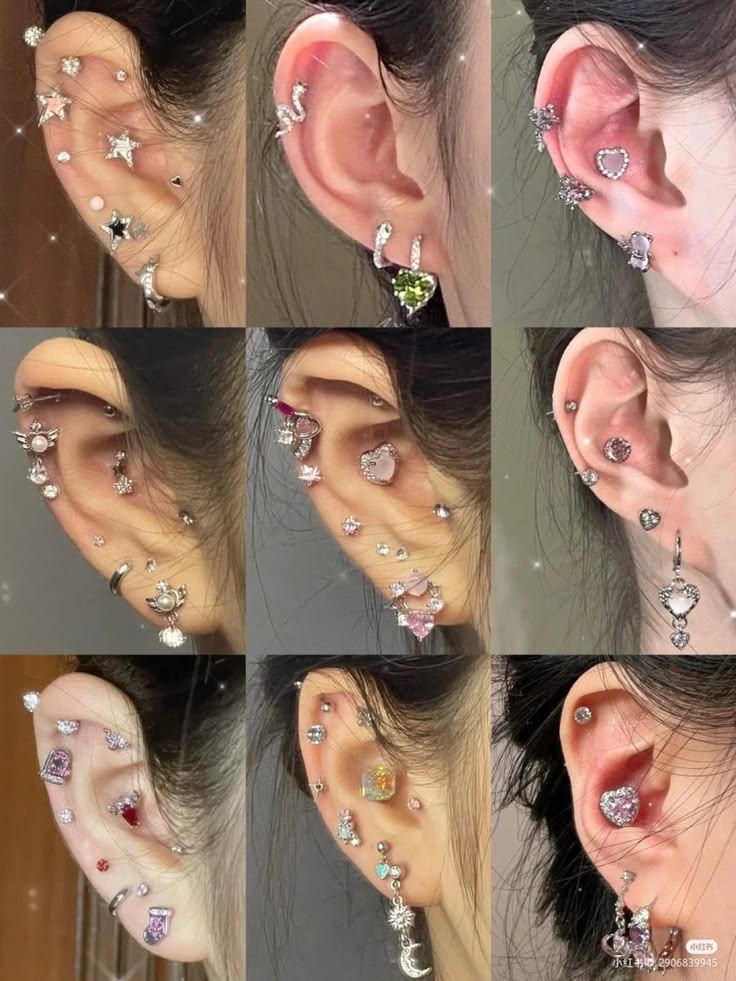 multiple pictures of different types of ear piercings