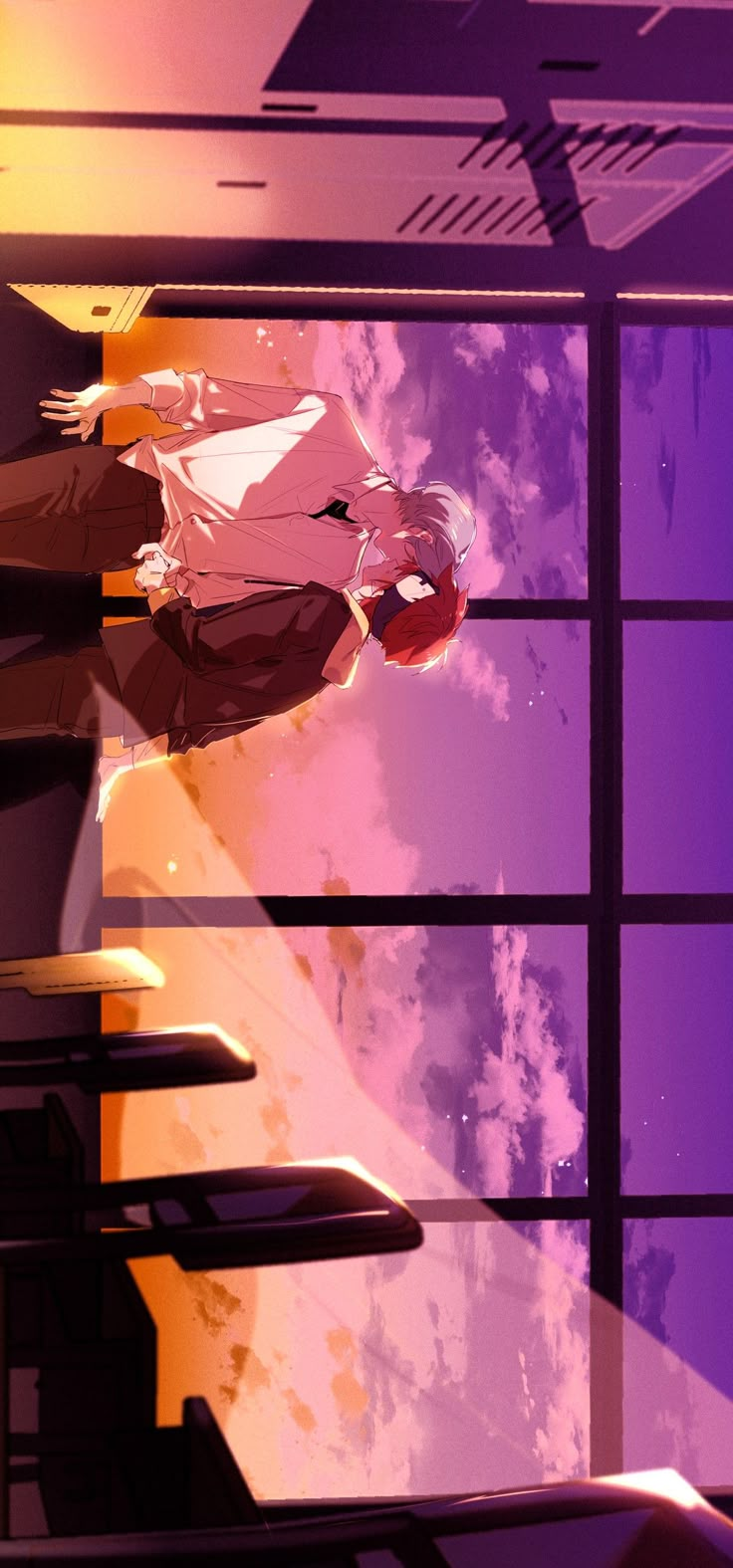 an animated image of a woman standing in front of a window looking out at the sky