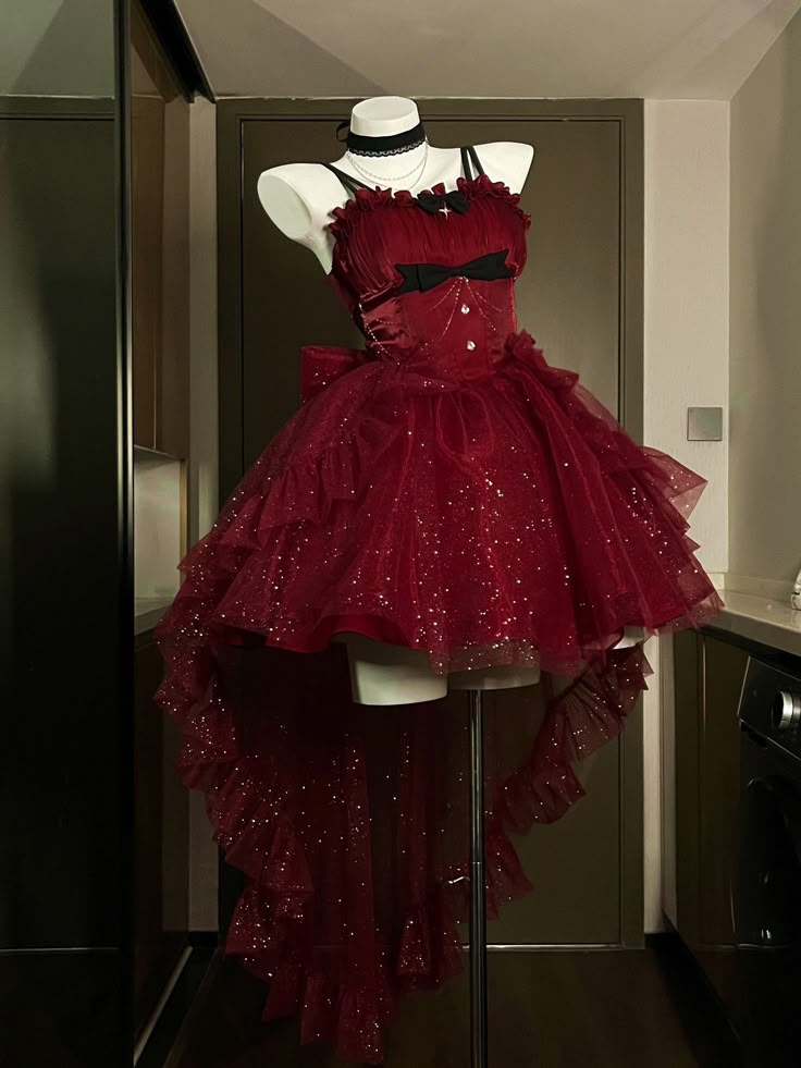 Wine Red Starry Princess Dress with Adjustable Straps, Ruffle Sweetheart Neckline, Waist Adorned with a Bow and Detachable Chain, Back with Elastic, Multi-Layered Sparkling Skirt with Bow Train.  This dress is perfect for formal events, such as proms, weddings, or galas. Its adjustable features and elegant details make it a versatile and stunning choice for any special occasion.     Full Set: A jumper skirt + a detachable train + a choker.      	 		 			Size 			XS 			S 			M 			L 			XL 		 		 			Bu Circus Prom Dress, Carnival Theme Dress For Women, Long Sleeve Casino Dress, Pretty Dresses For Homecoming, Layered Homecoming Dresses, Vampire Homecoming Dress, Red High Low Dress Formal, Cute Tulle Dress, Fancy Cute Dresses