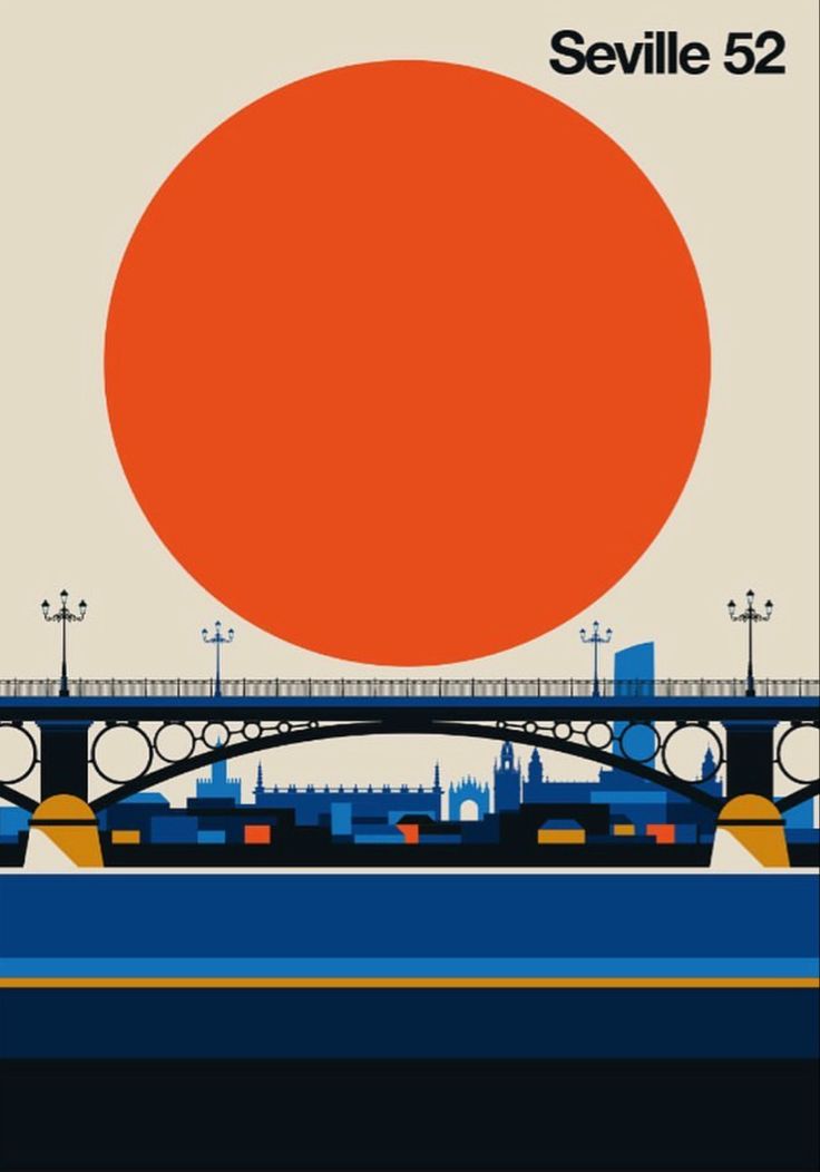 the poster for sevillie 52 shows an orange sun over a city and bridge