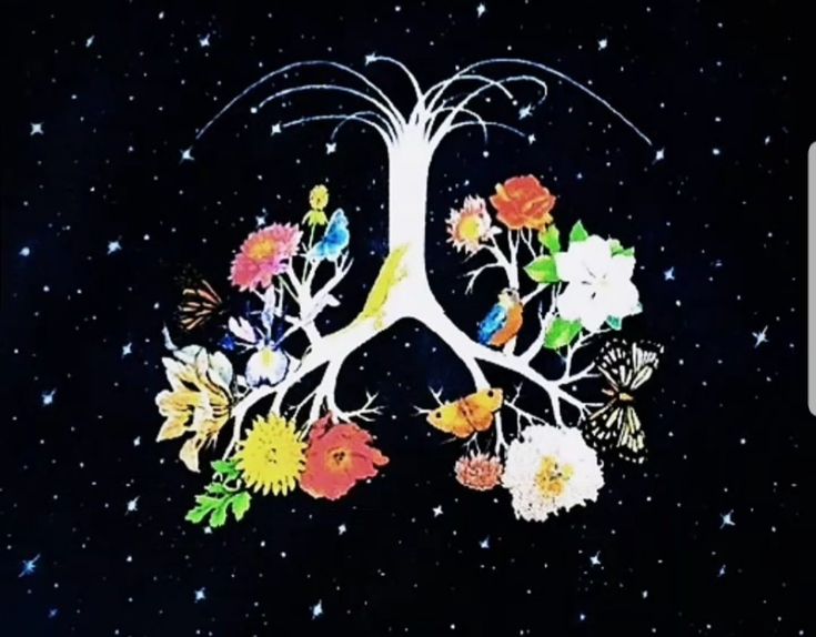 the tree of life is surrounded by flowers and butterflies on a black background with stars