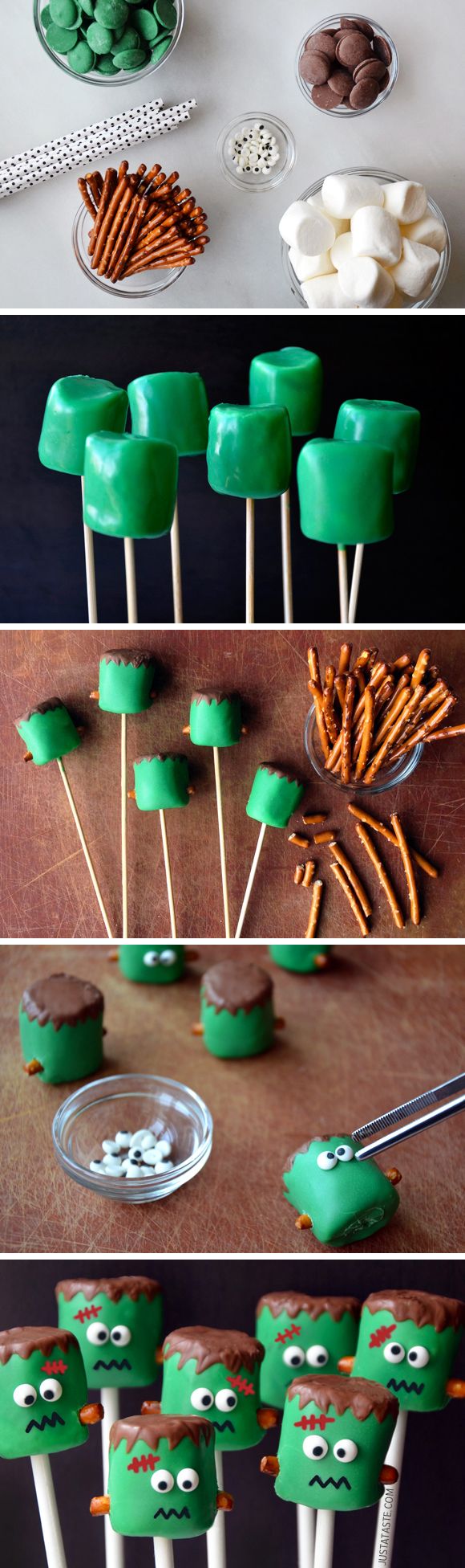 some food that is on top of sticks and in the middle are green marshmallows with googly eyes