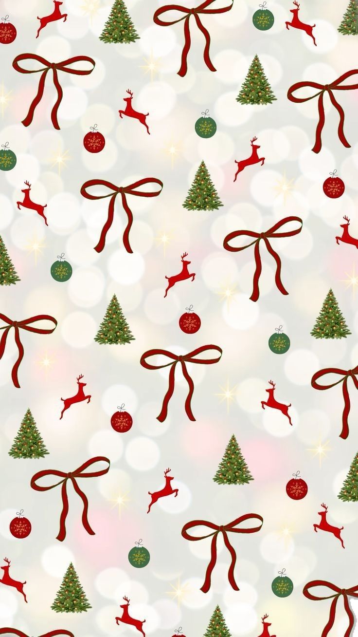 a christmas pattern with red and green bows, baubs and ornaments on a white background