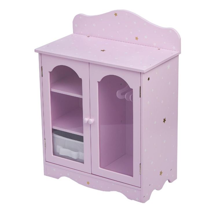 a pink wooden cabinet with two doors and shelves on one side, the door is open