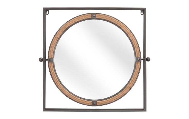 a round mirror with metal frame and wood accents on the sides, against a white background