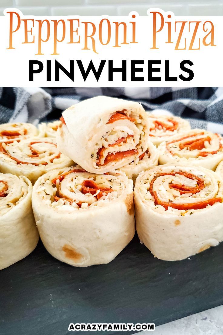 pepperoni pizza pinwheels stacked on top of each other with text overlay