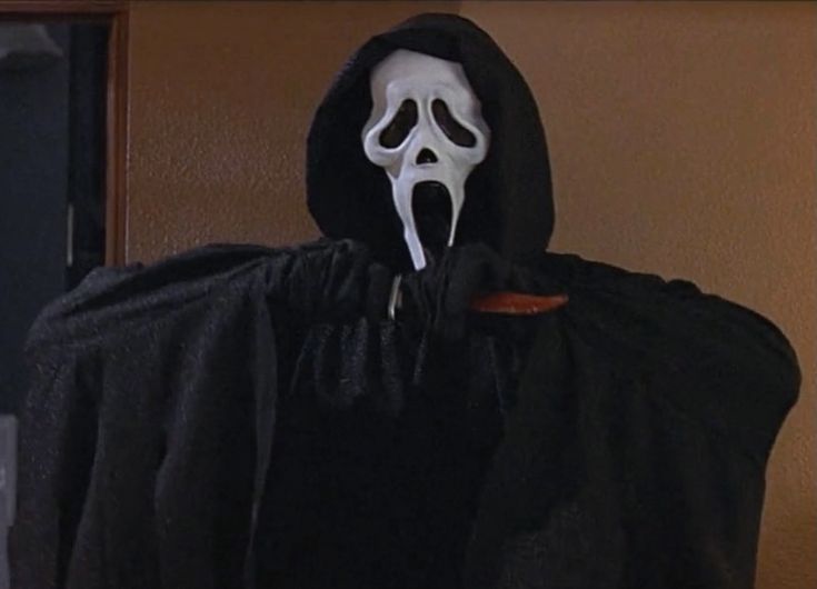 a person in a black robe with a white mask on