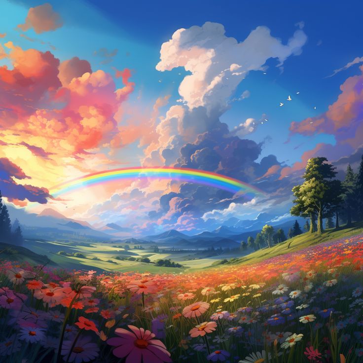 a painting of a rainbow in the sky over a field with wildflowers and trees