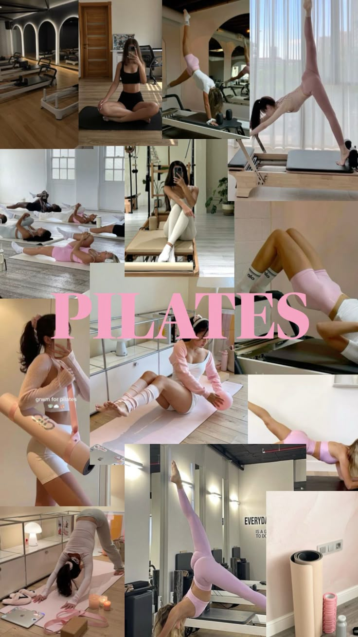 there are many pictures of women doing different things in the photo collage with words that read pilates