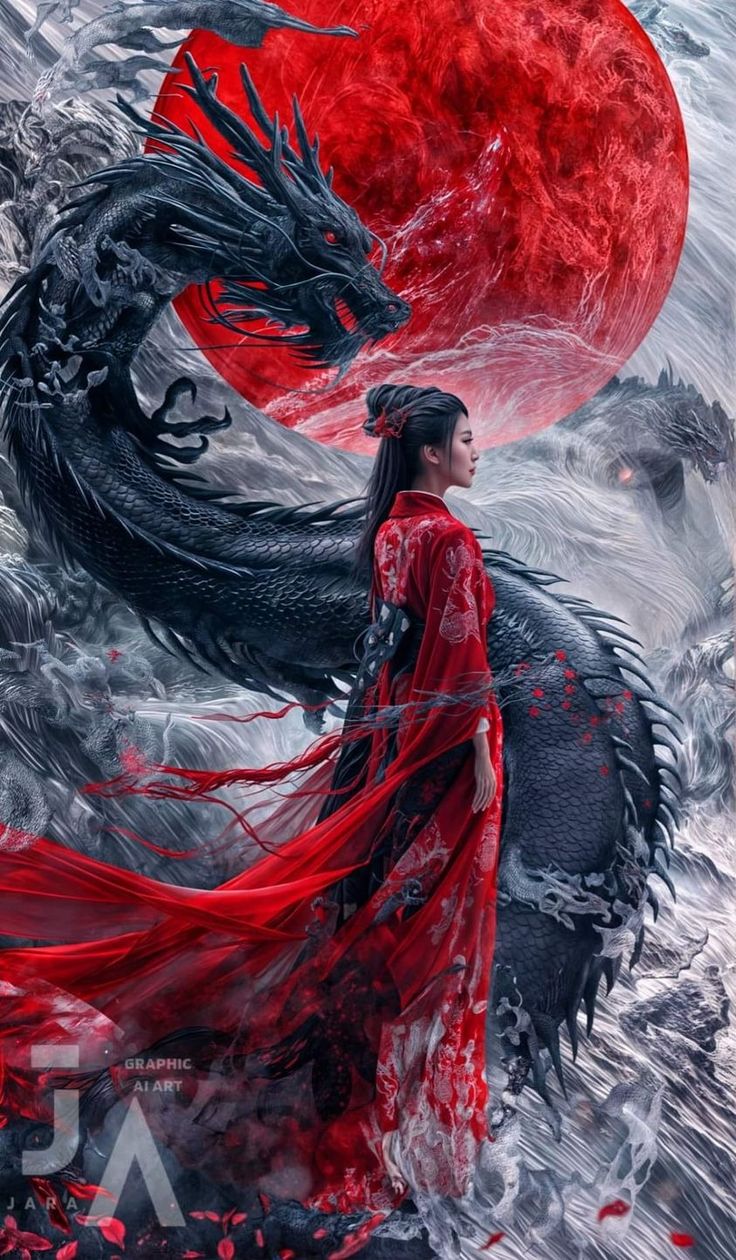 a woman standing next to a dragon on top of a body of water with the moon in the background