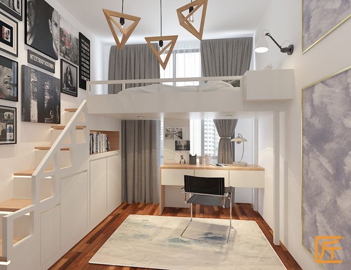 a loft bed with stairs leading to the top floor and desk area in front of it