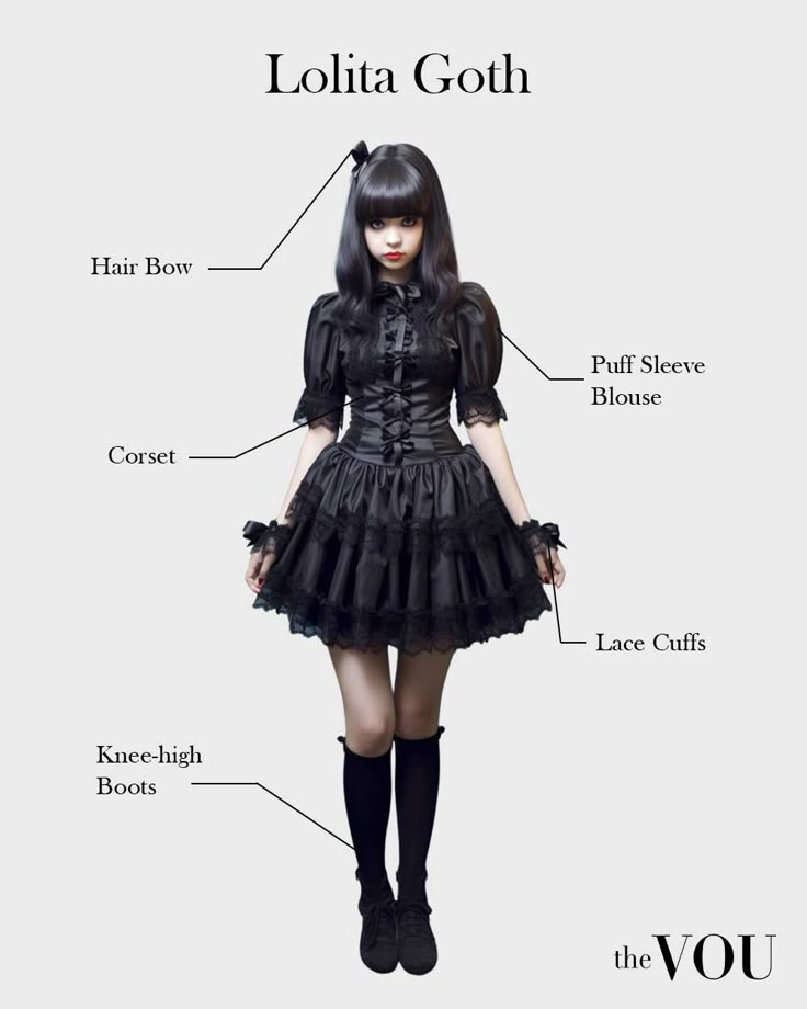 Gothic Lolita, GothLoli, Western Goth Fashion, Japanese Lolita Style, Polished, Cute, Conservative Appearance, Soft Feminine Makeup, Pink, Red, Brown Shades, Dark Colors, Black, Low to Mid-Height Mary Janes, Tea Party Shoes, Lace Umbrellas, Wigs, Knee-High Socks, Victorian-Era Details, Lace, Ribbons, Vintage, Nostalgic, Petticoats, Bloomers, Bell-Shaped Skirts, Dresses, Tailored Blouses, Frills, Buttons, Accessories, Bats, Coffins, Crosses, Rosaries, Top Hats, Headbands, Bows, Parasols Modern Aesthetic Fashion, Vintage Black Clothes, Goth Japanese Makeup, Vintage Goth Style, Gothic Cute Outfits, Japanese Gothic Fashion, Goth Clothes Ideas, Goth Tea Party Outfit, Goth Cute Outfits