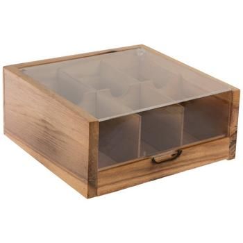 a wooden box with three compartments on it