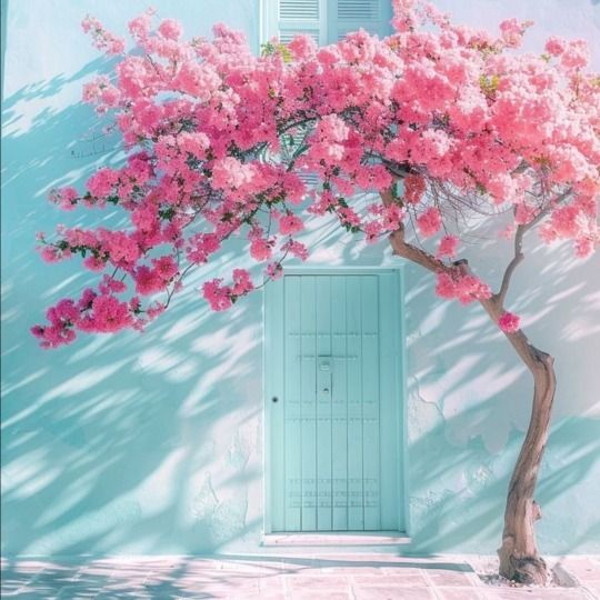 a tree with pink flowers in front of a blue wall and white shuttered window