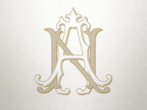 the letter h is made up of fancy lines and ornate scrolls, with a crown on top