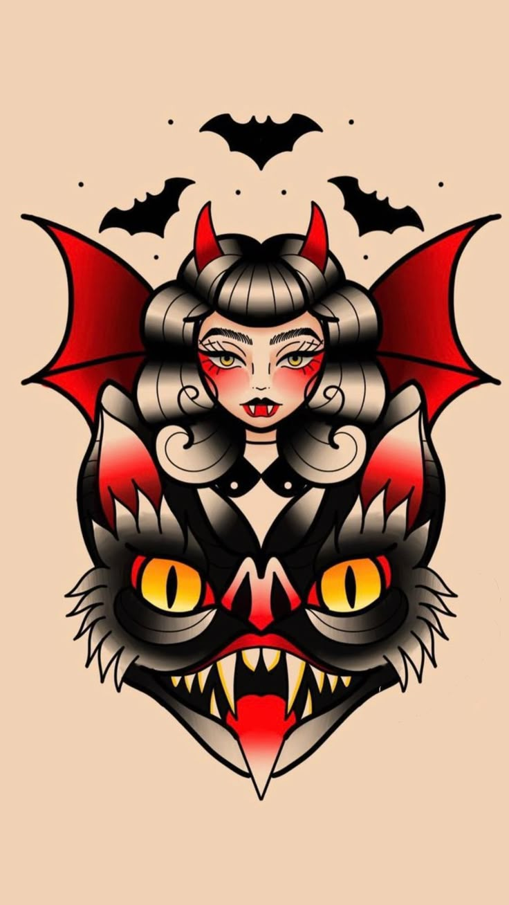 a woman with horns and fangs on her face is depicted in the shape of a cat's head