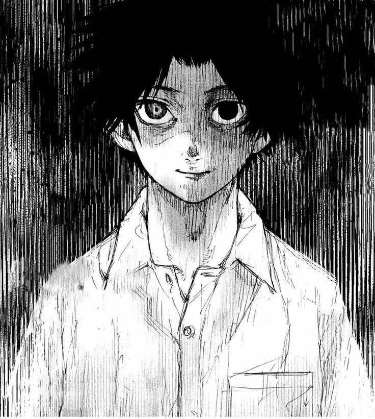 an anime character with black hair and big eyes, standing in front of a dark background