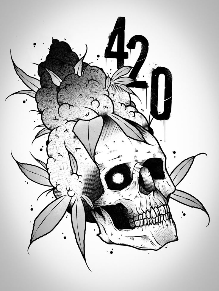 a drawing of a skull with flowers on it's head and the number forty