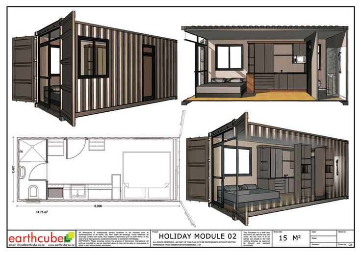 four different views of a house made out of shipping containers and plans for the interior