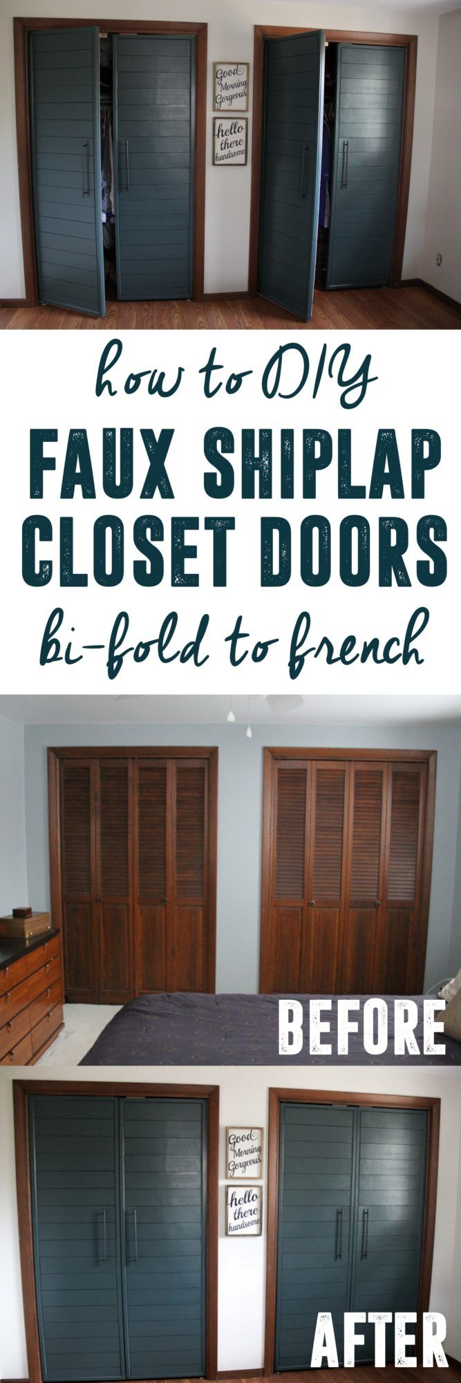 an advertisement for french doors with the words how to diy faux shiplap closet doors