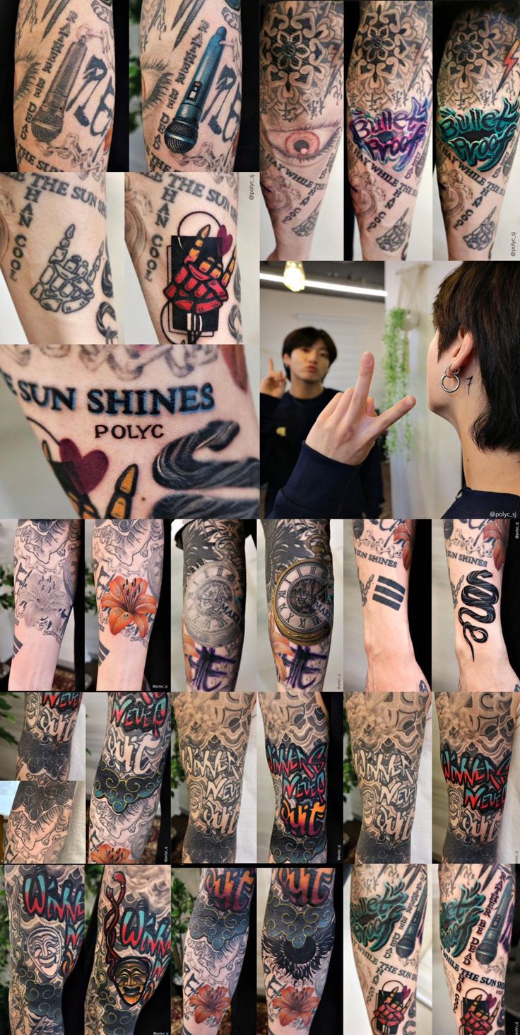 many different pictures of people with tattoos on their arms and legs, all in different styles