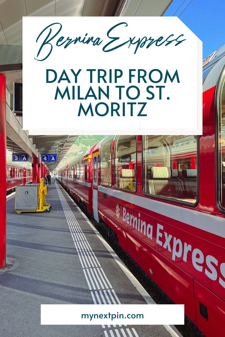 a red and white train traveling down train tracks next to a loading platform with the words pennsylvania express day trip from milan to st