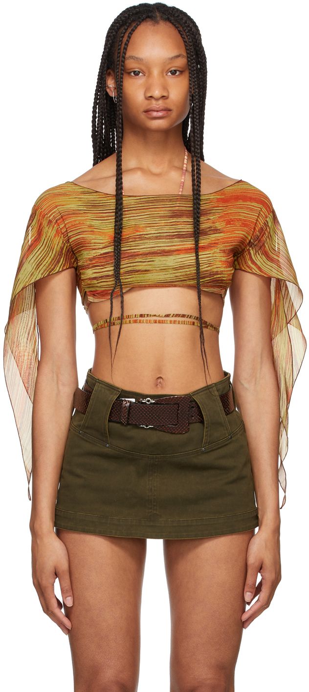 Short sleeve semi-sheer stretch silk crepe blouse striped in tones of orange, red, and brown. Boatneck collar. Extended trim at vented sleeves. Cut-out featuring wraparound self-tie straps at back. Supplier color: Hard stripes red 21 Savage Concert, Charlotte Knowles, Rave Fits, Festival Inspo, Crepe Blouse, 21 Savage, Red And Brown, Coachella Outfit, Comfy Chic