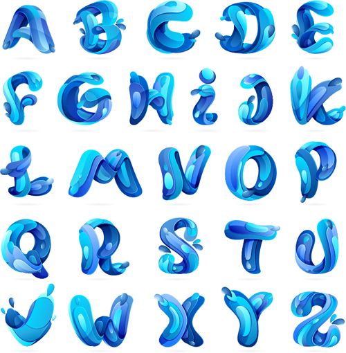 3d font and numbers with blue liquid shapes