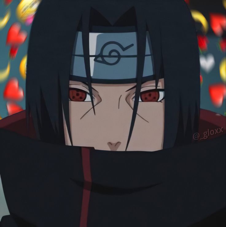 an anime character with black hair and red eyes