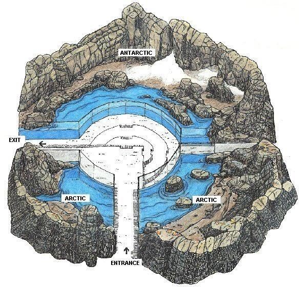 an image of a water source in the middle of a rock formation with arrows pointing to it