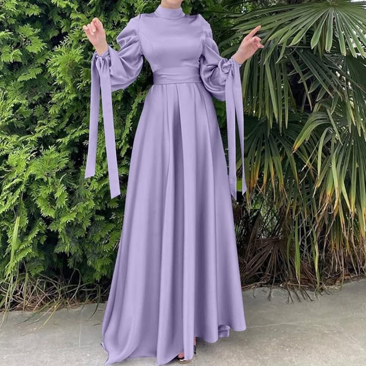 Modest Ramadan Eid Maxi Dress Purple Spring Purple Maxi Dress For Banquet, Dress Muslim, Maxi Dress Prom, Satin Maxi Dress, Holiday Dress, Couture Dresses, Modest Dresses, Glamorous Evening Gowns, Flowing Maxi Dress