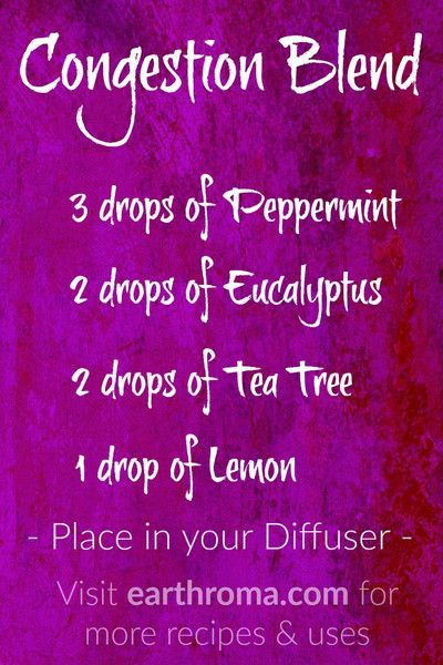 Essential Oil Congestion Blend Diffuser Recipe.  3 drops of Peppermint essential oil.  2 drops of Eucalyptus essential oil. 2 drops of Tea Tree essential oil. 1 drop of Lemon essential oil.  Place in your diffuser to help with congestion. visit earthroma.com/... for more recipes and blends. Essential Oils For Congestion, Essential Oil Remedy, Essential Oil Diffuser Blends Recipes, Essential Oil Diffuser Recipes, Essential Oils Health, Oil Diffuser Recipes, Essential Oil Blends Recipes, Yl Essential Oils, Essential Oils Recipes