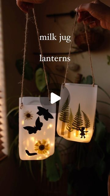 two paper bags with lights hanging from them, one is made to look like flowers and the other has butterflies