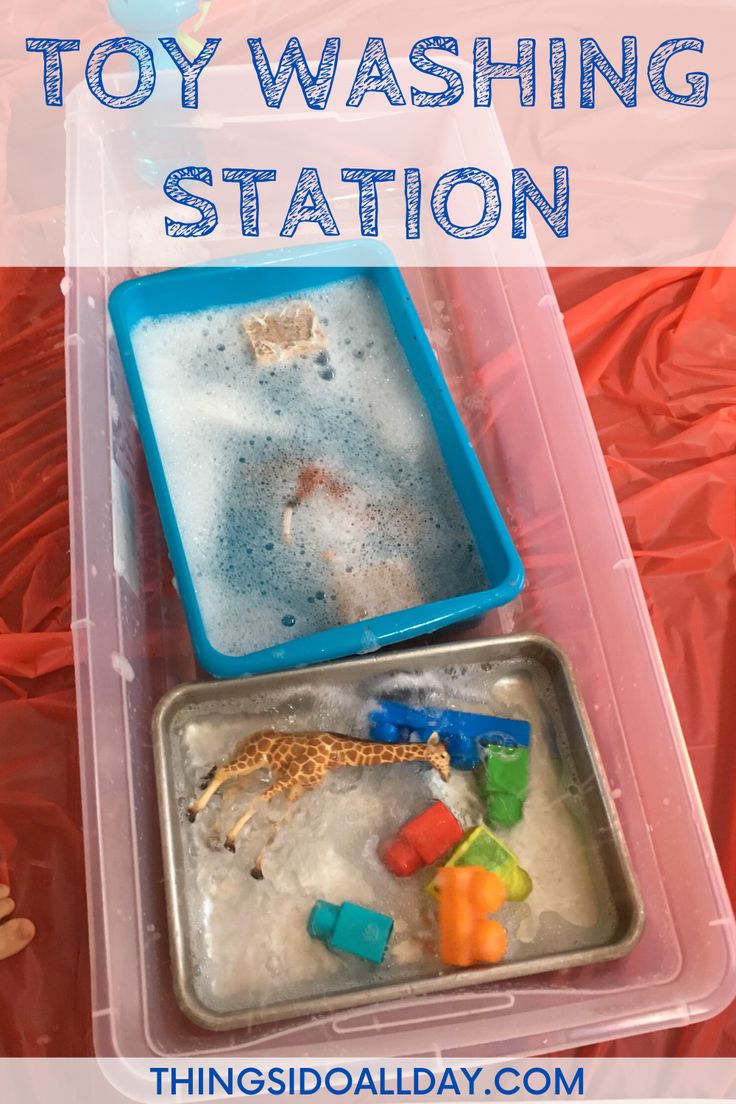 toy washing station with toys in it and text overlay that reads, how to make a toy washing station