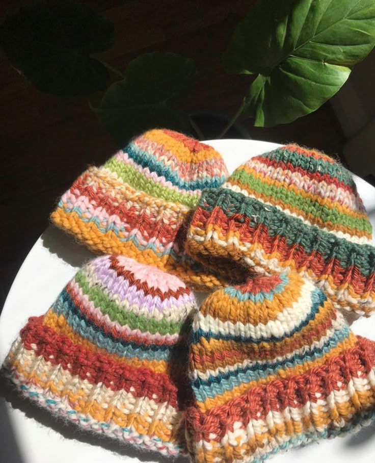 three knitted hats sitting on top of a white plate next to a green plant