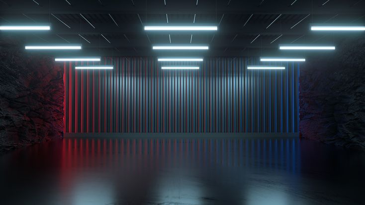 an empty room with red and blue lights