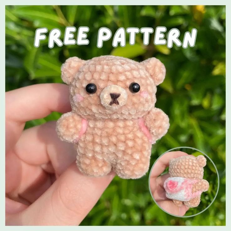 a hand holding a tiny teddy bear in it's right hand and the text free pattern above it