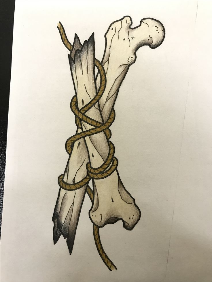 a drawing of a bone tied up with rope