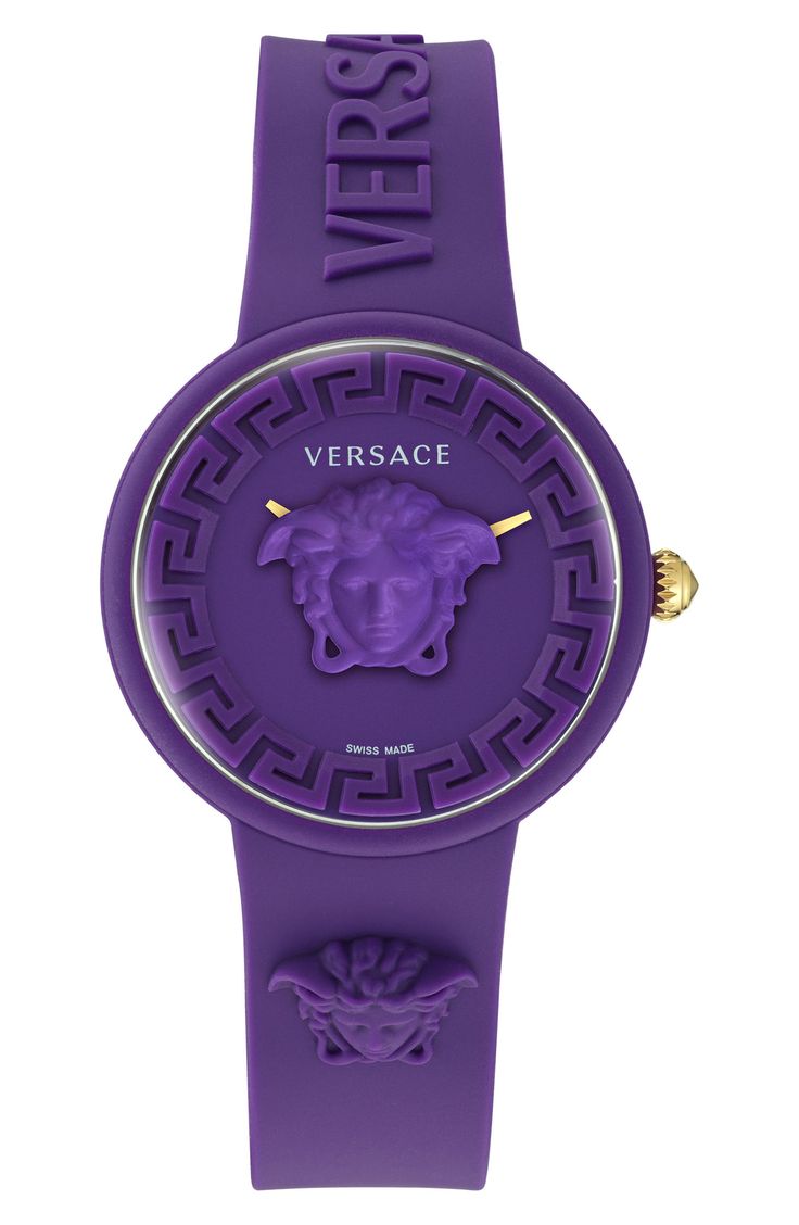 A 3D Medusa head centers the dial of an opulent watch enriched with a smooth leather strap. 38.5mm case; 18mm band width Buckle closure Swiss quartz movement Silicone Swiss made Purple Watch, Purple Cases, Expensive Jewelry Luxury, Latest Watches, Versace Watch, Medusa Head, Versace Accessories, Dope Jewelry, Purple Band