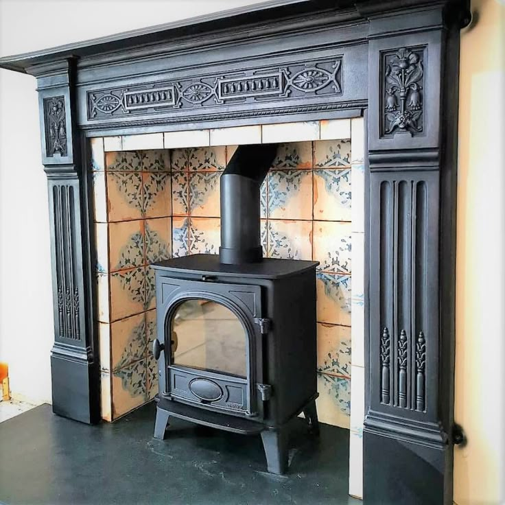 an old fashioned wood stove in a room