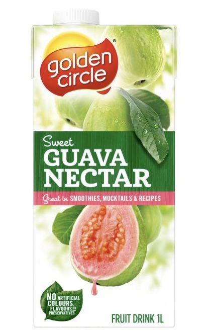 a carton of guava nectar fruit drink with green leaves on the top and pinkish