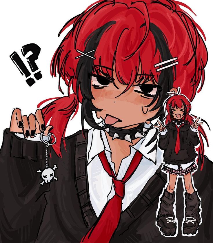 an anime character with red hair wearing a suit and tie, holding her hand up to her face